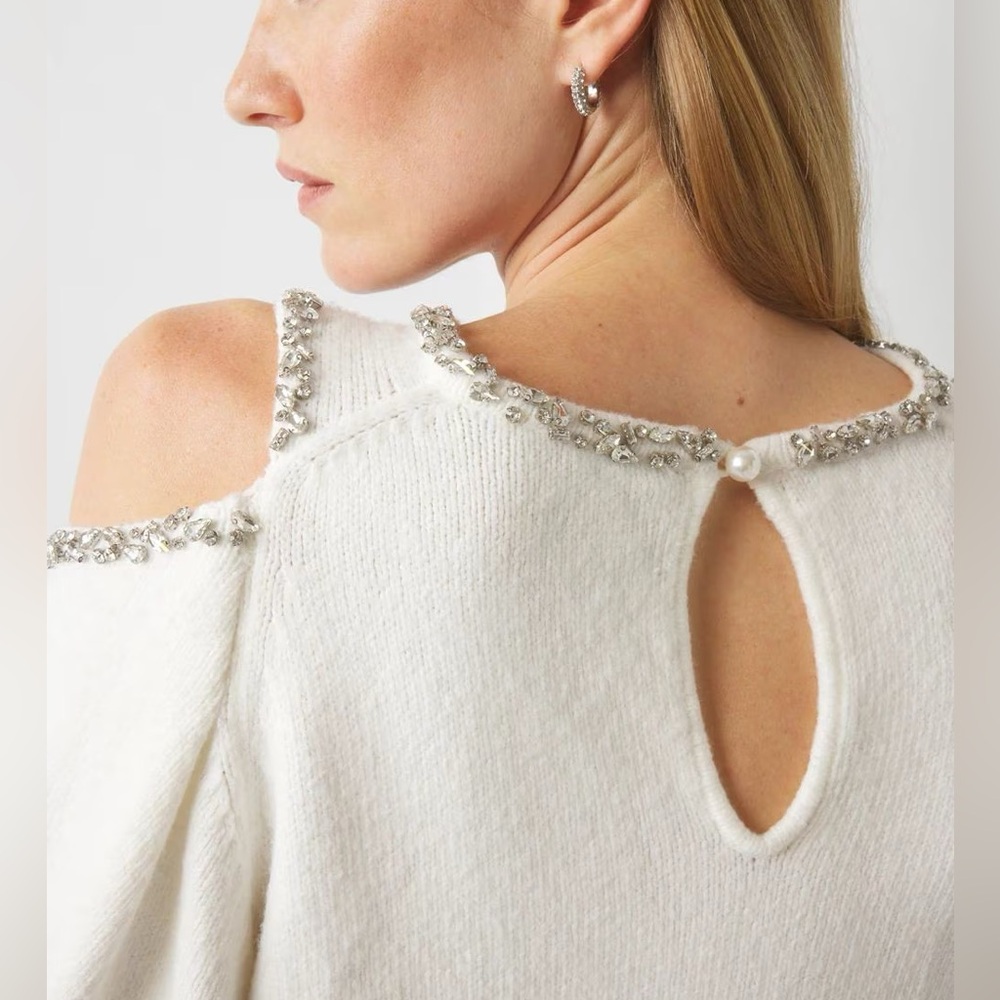 WHBM ECRU EMBELLISHED CUTOUT SWEATER